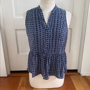 Gap Navy Blue Patterned Sleeveless Button‎ Down Peplum Top Small